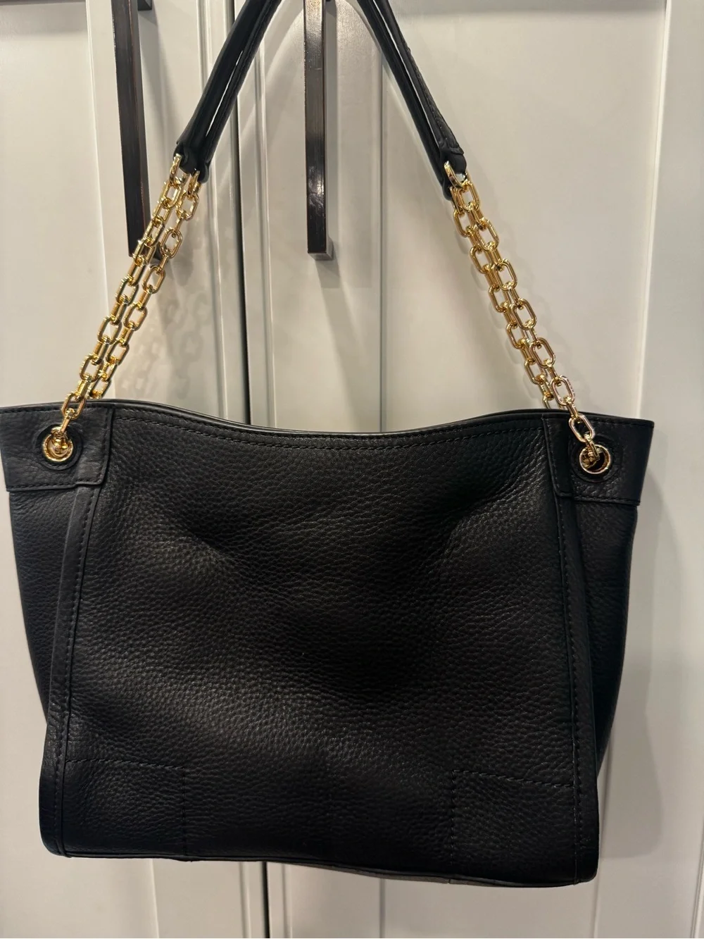 Tory Burch Black Leather Shoulder Tote with Gold Logo & Chain